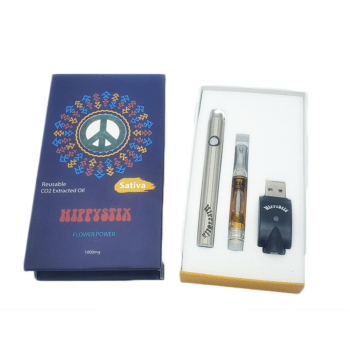 Image of the Hippy Stix Pen Kit 1000mg featuring the vape pen, cartridge, charger, and product packaging. A complete vaping solution for on-the-go use.