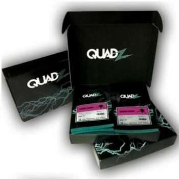Professional product shot of Quadz packaging featuring a black box with lightning bolt design. High-quality branding for Quadz ensures secure and stylish delivery.
