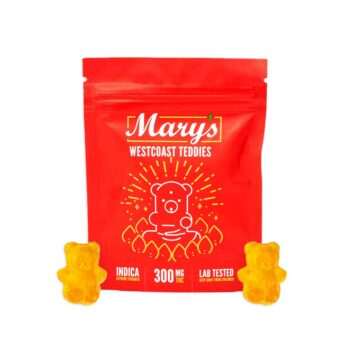 Package of INDICA Mary’s Extreme Strength Bunnies 300mg, featuring gummy bears and red packaging. Lab tested and potent, keep away from children.