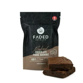 Package and delicious brownies of Faded Fudge Brownies 400mg. Buy premium cannabis edibles online. Indulge in the rich, chocolatey flavor of Faded Edibles.
