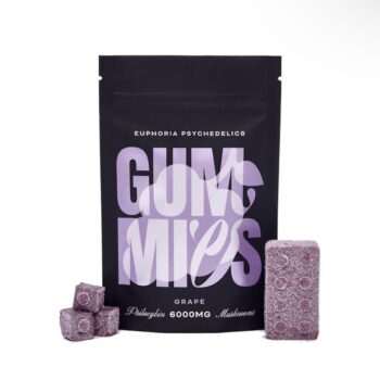Euphoria Psychedelics - Grape Gummy 6000mg packaging and gummies. Experience Euphoria with our grape flavored Psychedelics.