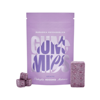 Euphoria Psychedelics - Grape Gummy 4000mg. Package and individual grape flavored psychedelic gummies. Infused with 4000mg. Experience euphoria with our grape gummies.
