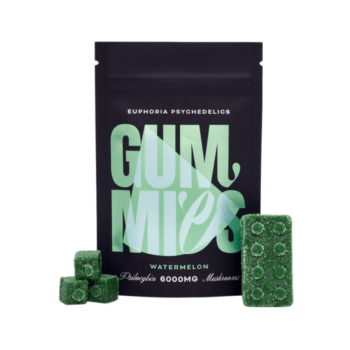 Euphoria Psychedelics - Watermelon Gummy 6000mg. Image of a bag and individual gummies. Experience Euphoria Psychedelics with these watermelon flavored edibles.