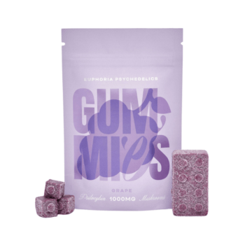 Euphoria Psychedelics - Grape Gummy 1000mg packaging and individual gummies. Experience euphoria with these grape-flavored psychedelics.