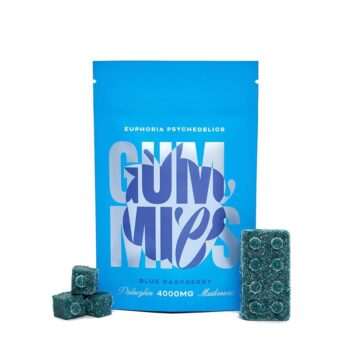 Euphoria Psychedelics - Blue Raspberry Gummy 4000mg package and gummy pieces. Experience euphoria with these Psychedelics edibles.