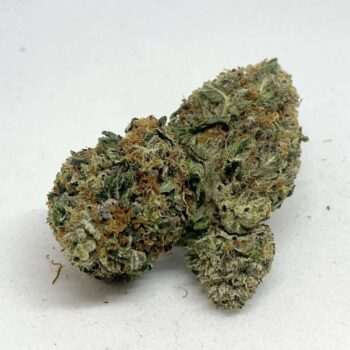 Grape Ape AAA indica cannabis flower bud, dense frosty nug with orange pistils, THC 17-23%