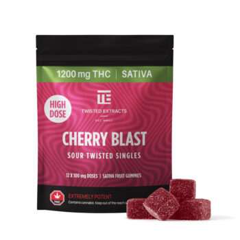 Package of Twisted Cherry Blast 1200mg THC (SATIVA) gummies. Enjoy a high dose of cherry flavored Sativa fruit gummies. Extremely potent cannabis product.