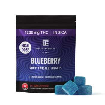 Package of Twisted Blueberry 1200mg THC (INDICA) gummies from Twisted Extracts. Each gummy contains 100mg of THC for a potent experience.