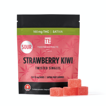 Close-up of Twisted Strawberry Kiwi - 160mg THC (SATIVA) gummies. These sativa gummies deliver a delightful twist of fruit flavors.