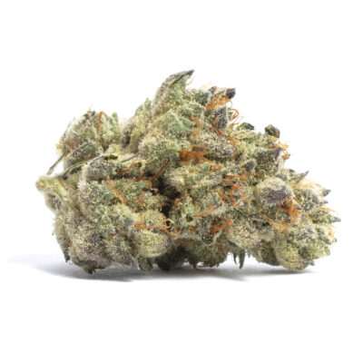 Close-up of a premium Cookies and Cream cannabis bud. Note the frosty trichomes and rich green hues, indicating a potent THC level of 17%-23%.