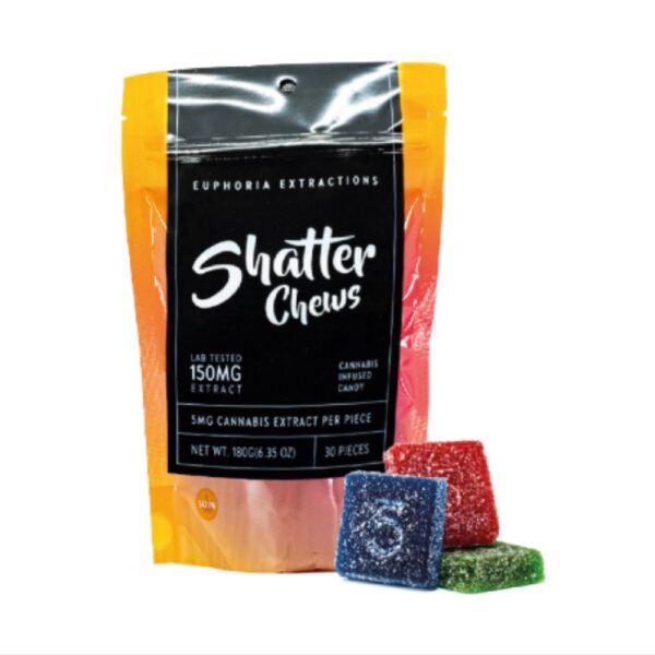 Euphoria Extractions: Shatter Chews 150mg - Sativa Euphoria Extractions Shatter Chews are made with lab tested, full-spectrum extracts sourced from the finest Canadian cannabis. Potency: 150mg THC Indica 30 pieces (5mg each) per box