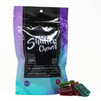 Euphoria Extractions: Shatter Chews 150mg - Indica, featuring a pack of cannabis-infused candies. Each piece contains 5mg of cannabis extract.