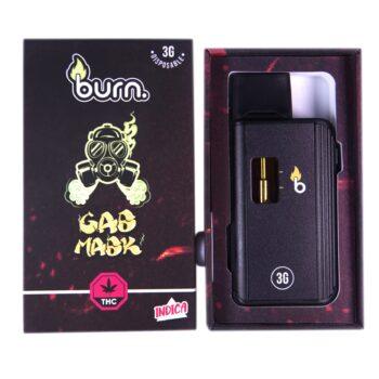 Burn - Gas Mask - 3g Disposable Vape (Indica), featuring a sleek design. Experience the smooth, relaxing effects of this premium Indica disposable vape. Order yours today.