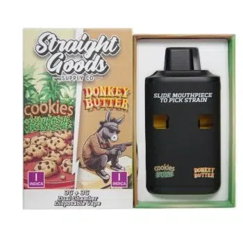 Straight Goods 6G Disposable Pen - Cookies Kush (Indica) x Donkey Butter (Indica). Premium cannabis vape pen featuring two Indica strains for a relaxing experience.