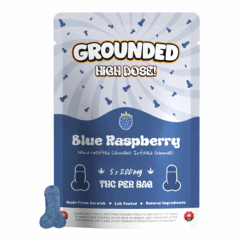 Image of Grounded High Dose! Blue Raspberry – 5 x 200mg THC Gummies (1000mg Total). Delicious, high-dose blue raspberry flavored cannabis edibles.