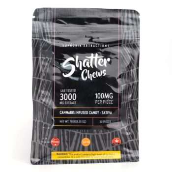 Euphoria Extractions – Shatter Chews (Indica) – 3000mg THC, offering a potent cannabis-infused candy experience.