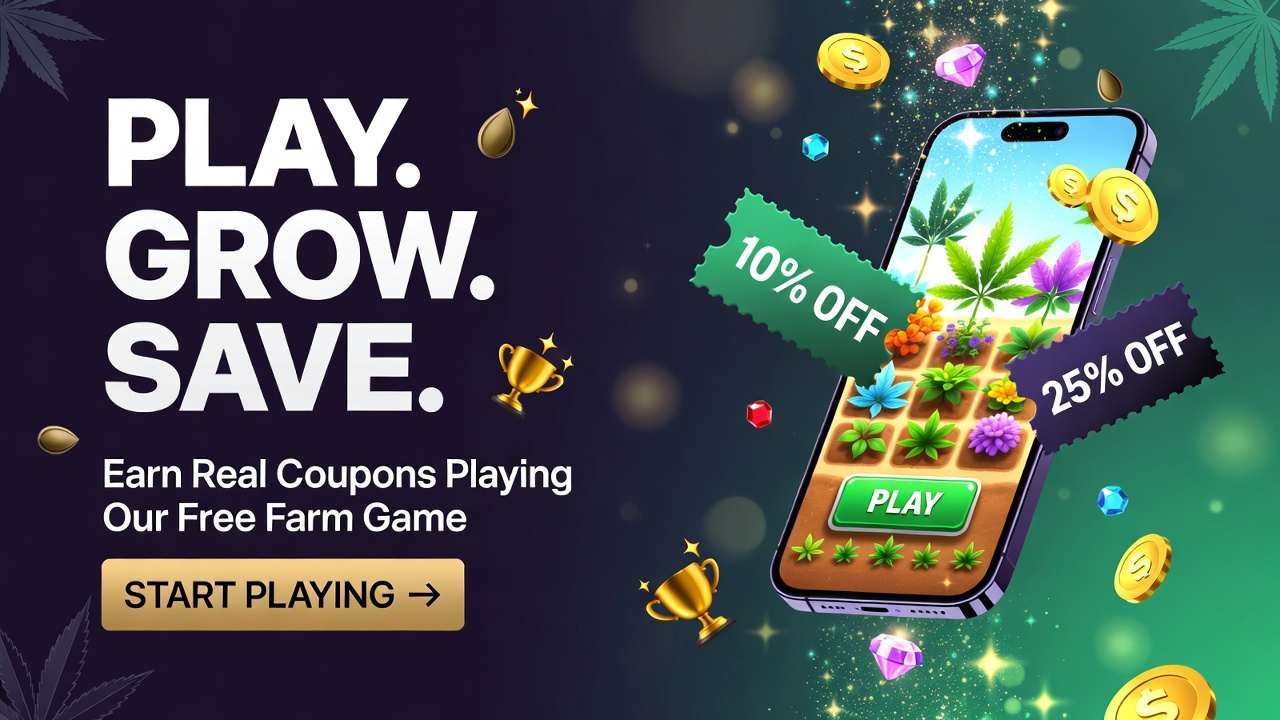 Promotional image for a free farm game, encouraging users to play, grow, and save to earn real coupons from home. Features in-app discounts of 10% and 25% off.