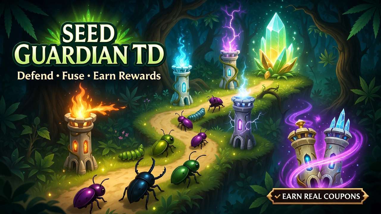 Homepage image showcasing Seed Guardian TD, a tower defense game. Defend your Home, fuse units, and earn real rewards in this exciting strategy game with colorful towers and crawling critters.