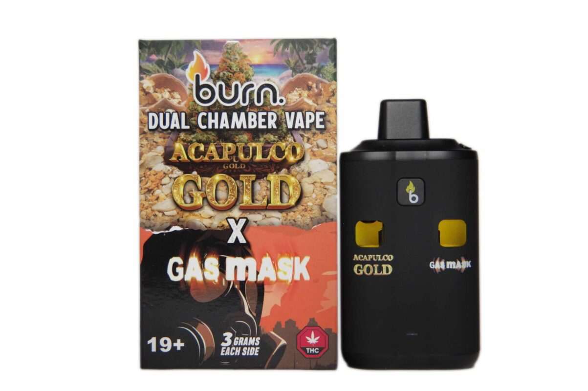 6g Dual Chamber Disposable Vape Pen (Burn Lifestyle Co.) featuring Acapulco Gold and Gas Mask flavors for a premium vaping experience.