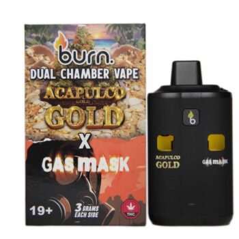 6g Dual Chamber Disposable Vape Pen (Burn Lifestyle Co.) featuring Acapulco Gold and Gas Mask flavors for a premium vaping experience.