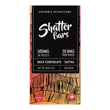 Euphoria Extractions Shatter Bars 500mg THC in Milk Chocolate (SATIVA) offers a delicious and potent cannabis experience.