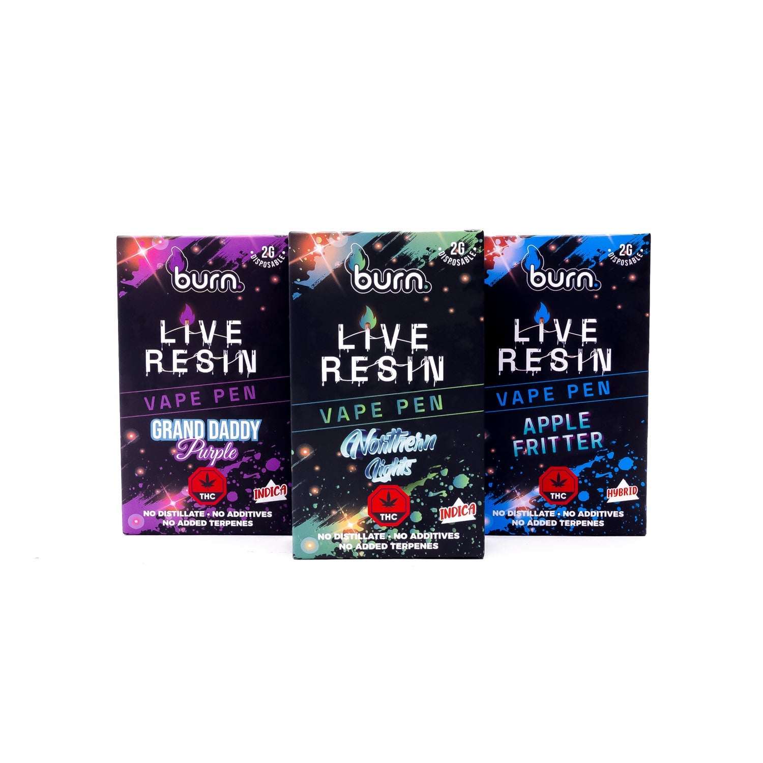 Three Burn Live Resin vape pen boxes featuring Grand Daddy Purple, Northern Lights, and Apple Fritter flavors.
