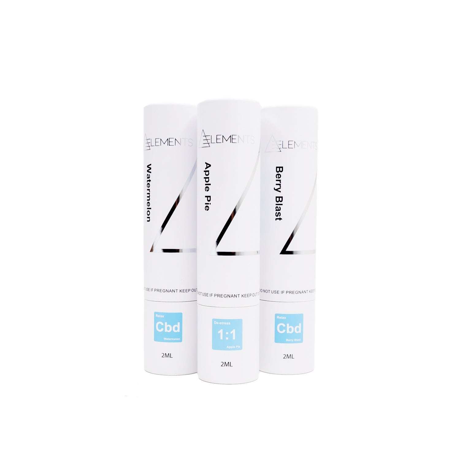 Three CBD-infused flavor options: Watermelon, Apple Pie, and Berry Blast in sleek white packaging.