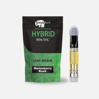 Grizzly Herb hybrid live resin cartridge featuring 93% THC and Marionberry Kush strain, showcasing premium cannabis product.