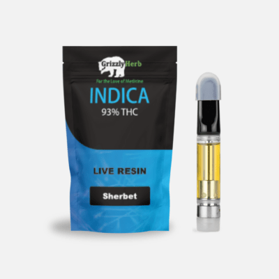Grizzly Herb Indica live resin cartridge with 93% THC, featuring Sherbet flavor packaging.