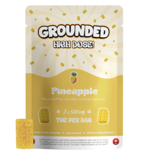 Grounded 500mg THC Brick - Pineapple, featuring vibrant packaging and a pineapple-flavored edible for cannabis enthusiasts.