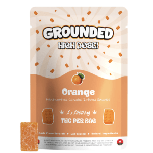 Grounded 500mg THC Brick - Cherry, featuring vibrant packaging and detailed product information for cannabis enthusiasts.