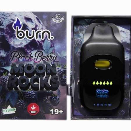 Burn Blackberry Moon Rocks hybrid cannabis product in packaging, featuring THC content and vibrant branding.
