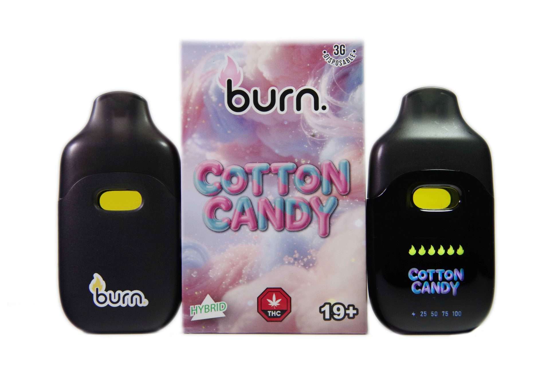 Burn 3G Disposable Vape - Cotton Candy (Hybrid) with colorful packaging and sleek design, perfect for cannabis enthusiasts.