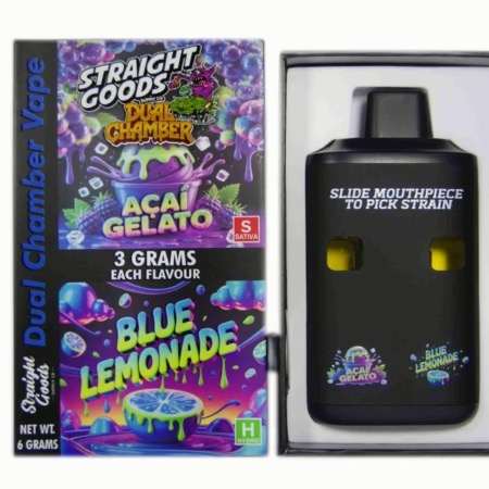 Straight Goods Dual Chamber Vape featuring Acai Gelato and Blue Lemonade flavors, 3 grams each, sleek black packaging.