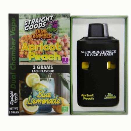 Straight Goods Dual Chamber Vape featuring Apricot Peach and Blue Lemonade flavors, 3 grams each, ideal for cannabis enthusiasts.