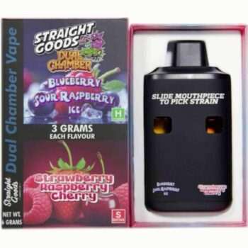 Straight Goods Dual Chamber Vape featuring Blueberry, Sour Raspberry, and Strawberry flavors, 3 grams each, in sleek black packaging.