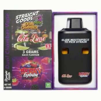 Straight Goods Dual Chamber Vape featuring Cola Lime and Berry Explosion flavors, 3 grams each, in sleek black packaging.