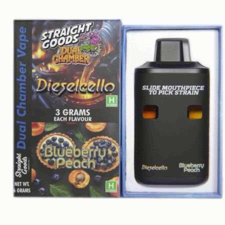 Straight Goods Dual Chamber Vape featuring Dieselcello flavor with Blueberry Peach, 3 grams each, packaged for convenient use.