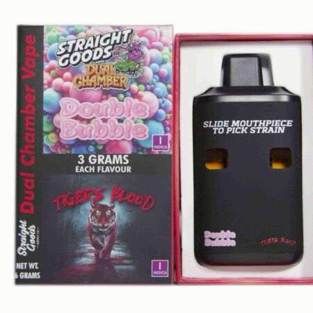 Straight Goods Dual Chamber Vape featuring Double Bubble and Tiger's Blood flavors, offering 3 grams each for same-day delivery.