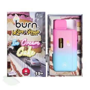 2g Live Resin Disposable Vape Pen by Burn Lifestyle Co. in Ice Cream Cake flavor, featuring colorful packaging and indica label.