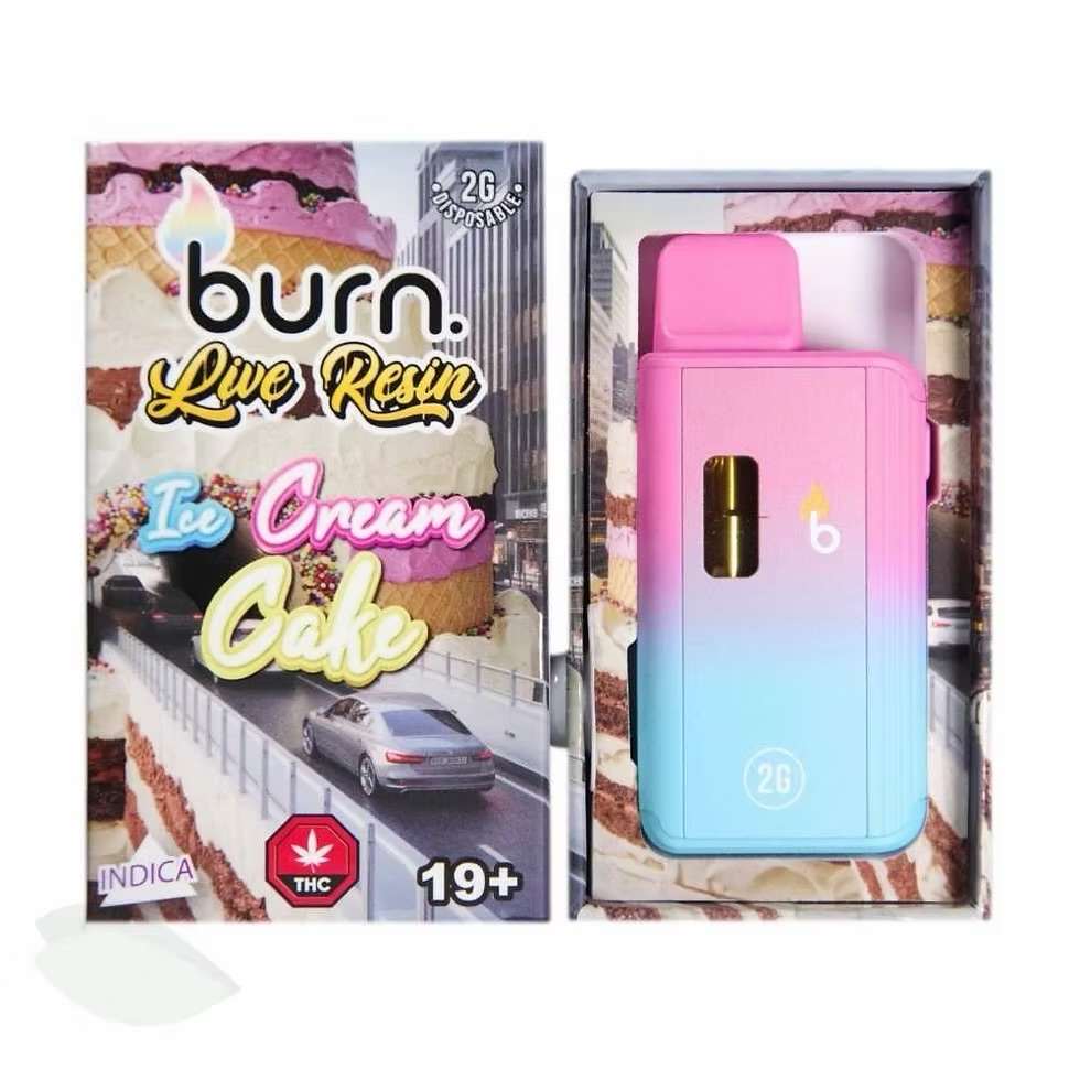 2g Live Resin Disposable Vape Pen by Burn Lifestyle Co. in Ice Cream Cake flavor, featuring colorful packaging and indica label.