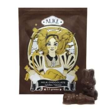 Alice Mushroom Chocolate - 2500mg, featuring milk chocolate with Golden Teacher mushrooms, in a decorative package.
