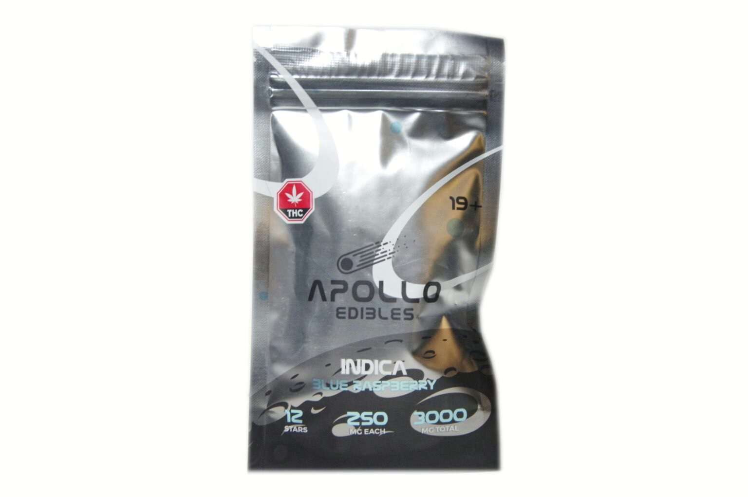 Apollo Edibles – Blue Raspberry Shooting Stars 3000mg (Indica) packaging featuring 12 star-shaped gummies, ideal for cannabis enthusiasts.