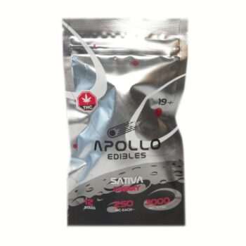 Apollo Edibles – Cherry Shooting Stars 3000mg (Sativa) packaging showcasing 12 star-shaped edibles, each with 250mg THC.