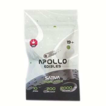 Apollo Edibles – Green Apple Shooting Stars 2000mg (Sativa) packaging showcasing vibrant design and THC content.