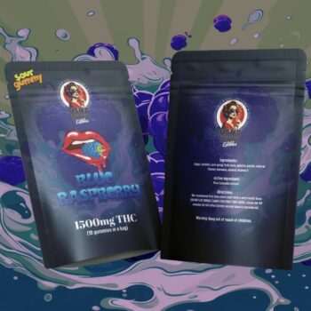 Mama Anne’s Edibles – Blue Raspberry 1500mg packaging featuring vibrant colors and detailed product information.