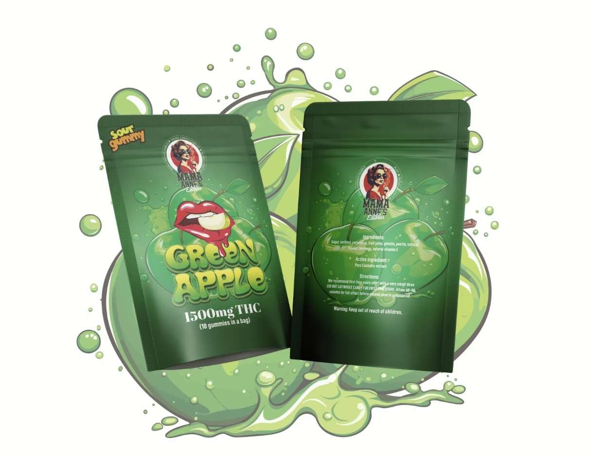 Mama Anne’s Edibles – Green Apple 1500mg packaging featuring vibrant green design and product details for cannabis gummies.