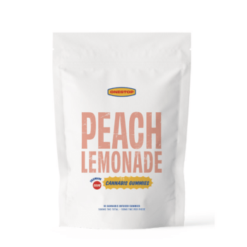 OneStop – Sour Peach Lemonade Gummies 500mg package featuring 10 cannabis-infused gummies, ideal for same-day delivery in Abbotsford.