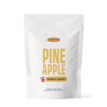 OneStop Sour Pineapple Gummies 500mg package featuring vibrant yellow text on a white background, ideal for cannabis enthusiasts.
