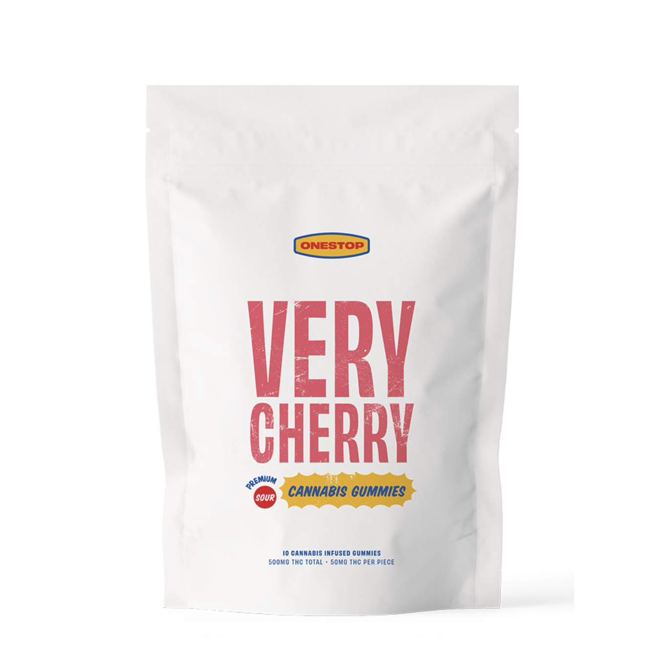 OneStop – Sour Very Cherry Gummies 500mg package featuring bold text and cannabis gummy details for same-day delivery.